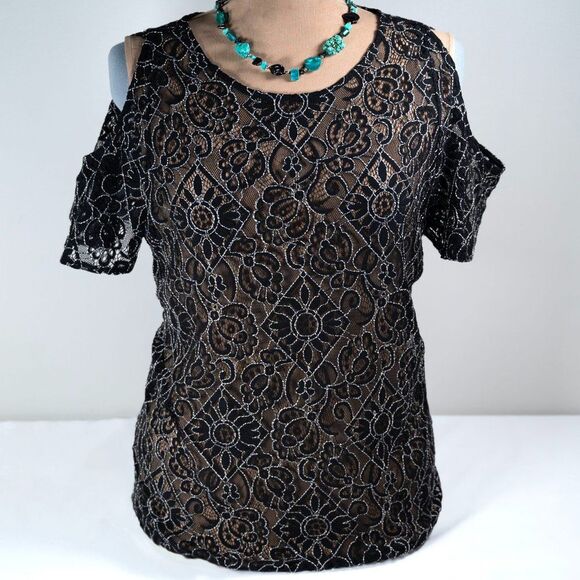 LOFT Black Floral Sheer Lace Black Cold Shoulder Top - Picture 2 of 10